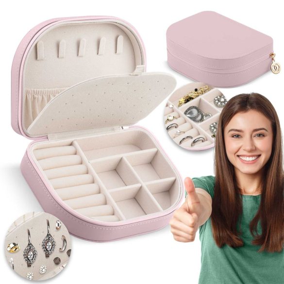 Ékszerdoboz, Massido MS-707, 16,5 x 12 x 5 cm, rózsaszín, PU műbőr, zárható, könnyű, utazáshoz ideális, több rekesszel
