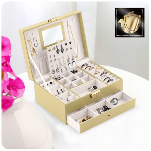 Ékszerdoboz, Massido MS-709, 23 x 17,2 x 10,7 cm, arany, PU műbőr, kulccsal zárható, tükörrel, rekeszes, fiókos