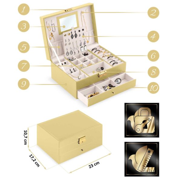 Ékszerdoboz, Massido MS-709, 23 x 17,2 x 10,7 cm, arany, PU műbőr, kulccsal zárható, tükörrel, rekeszes, fiókos