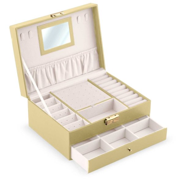 Ékszerdoboz, Massido MS-709, 23 x 17,2 x 10,7 cm, arany, PU műbőr, kulccsal zárható, tükörrel, rekeszes, fiókos