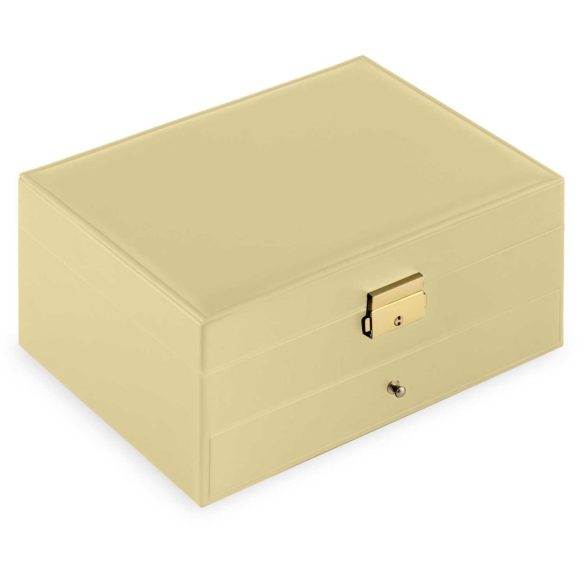 Ékszerdoboz, Massido MS-709, 23 x 17,2 x 10,7 cm, arany, PU műbőr, kulccsal zárható, tükörrel, rekeszes, fiókos