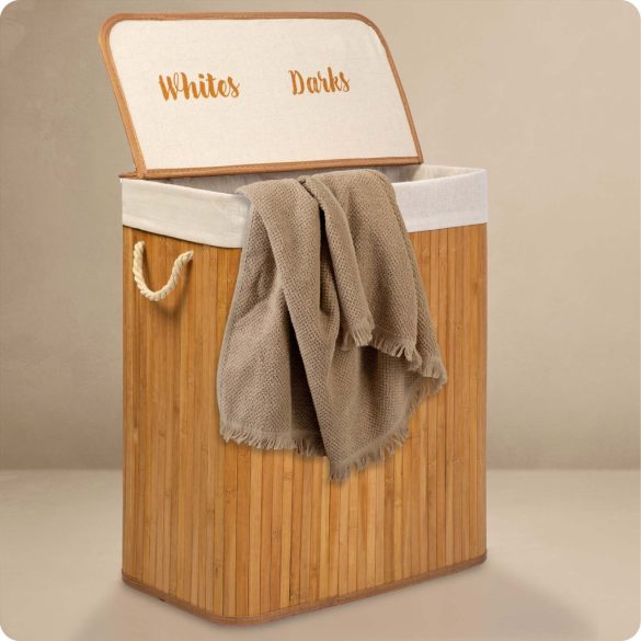 Szennyeskosár, Massido, natúr, 100 l, bambusz, 61 × 54 × 34 cm, kivehető pamut betét, fedeles, két rekesz, fogantyúkkal
