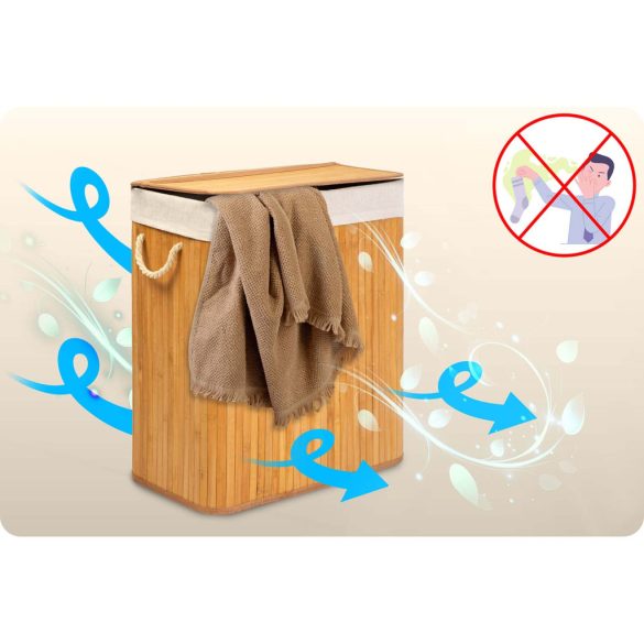 Szennyeskosár, Massido, natúr, 100 l, bambusz, 61 × 54 × 34 cm, kivehető pamut betét, fedeles, két rekesz, fogantyúkkal