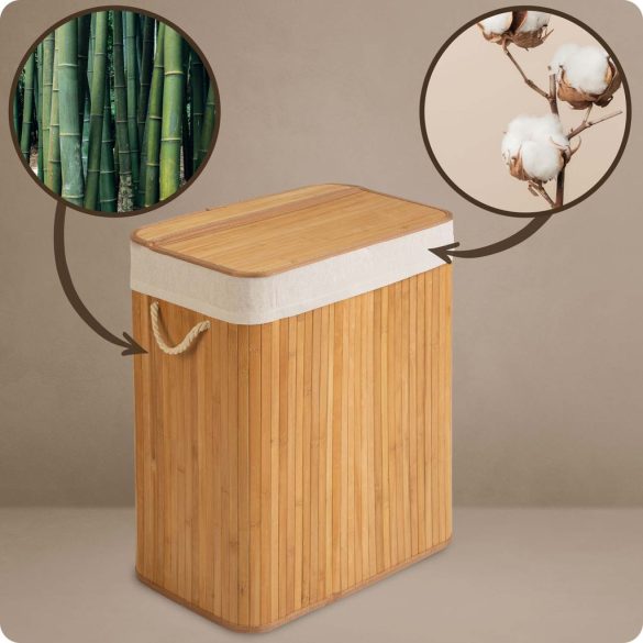 Szennyeskosár, Massido, natúr, 100 l, bambusz, 61 × 54 × 34 cm, kivehető pamut betét, fedeles, két rekesz, fogantyúkkal