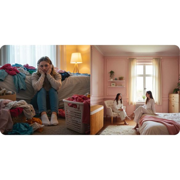 Szennyeskosár, Massido, natúr, 100 l, bambusz, 61 × 54 × 34 cm, kivehető pamut betét, fedeles, két rekesz, fogantyúkkal