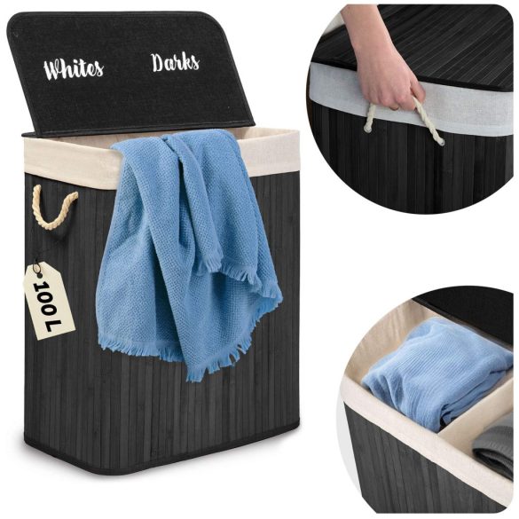 Szennyeskosár, Massido, fekete, 100 l, bambusz, 61 × 54 × 34 cm, kivehető pamut betét, fedeles, két rekesz, fogantyúkkal