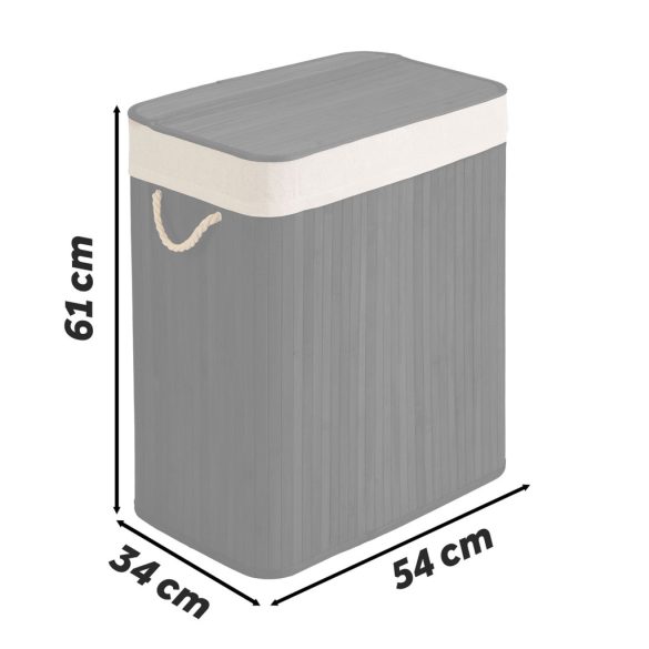 Szennyeskosár, Massido, fekete, 100 l, bambusz, 61 × 54 × 34 cm, kivehető pamut betét, fedeles, két rekesz, fogantyúkkal