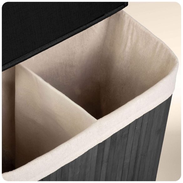 Szennyeskosár, Massido, fekete, 100 l, bambusz, 61 × 54 × 34 cm, kivehető pamut betét, fedeles, két rekesz, fogantyúkkal