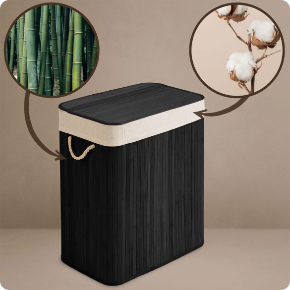 Szennyeskosár, Massido, fekete, 100 l, bambusz, 61 × 54 × 34 cm, kivehető pamut betét, fedeles, két rekesz, fogantyúkkal