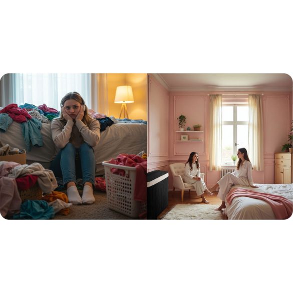 Szennyeskosár, Massido, fekete, 100 l, bambusz, 61 × 54 × 34 cm, kivehető pamut betét, fedeles, két rekesz, fogantyúkkal