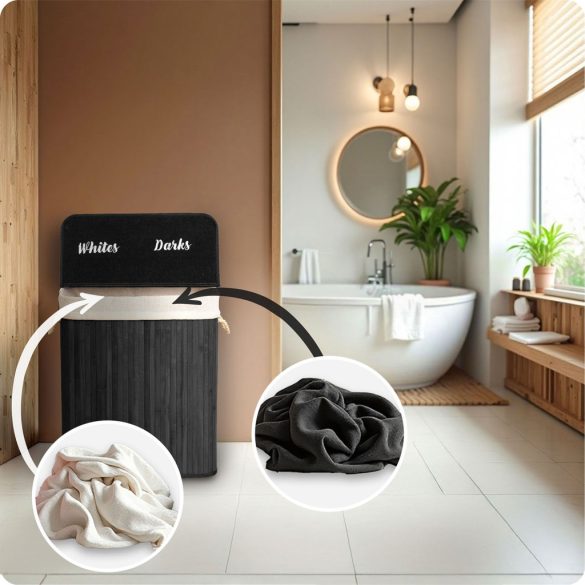 Szennyeskosár, Massido, fekete, 100 l, bambusz, 61 × 54 × 34 cm, kivehető pamut betét, fedeles, két rekesz, fogantyúkkal