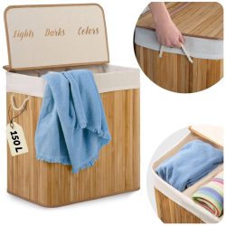   Szennyeskosár, Massido, natúr, 150 l, bambusz, 61 × 62 × 42 cm, kivehető pamut betét, fedeles, három rekesz, fogantyúkkal