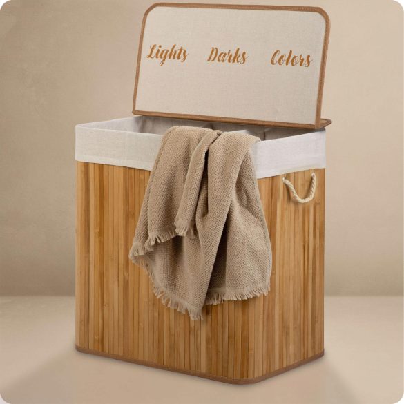 Szennyeskosár, Massido, natúr, 150 l, bambusz, 61 × 62 × 42 cm, kivehető pamut betét, fedeles, három rekesz, fogantyúkkal