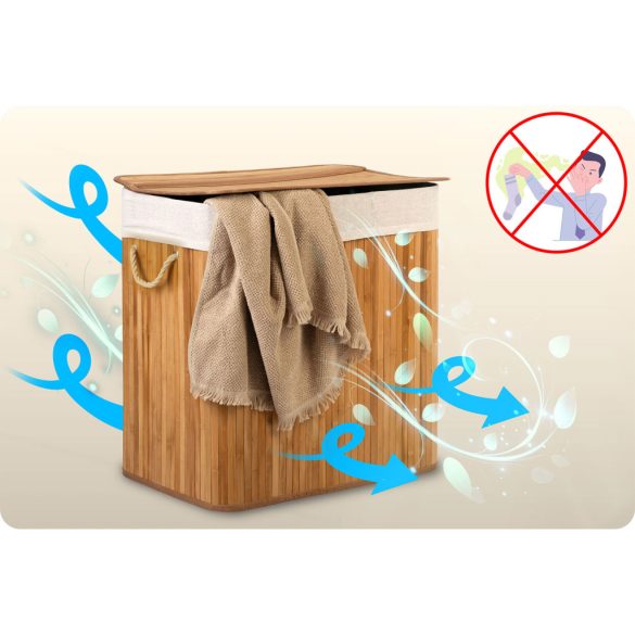 Szennyeskosár, Massido, natúr, 150 l, bambusz, 61 × 62 × 42 cm, kivehető pamut betét, fedeles, három rekesz, fogantyúkkal