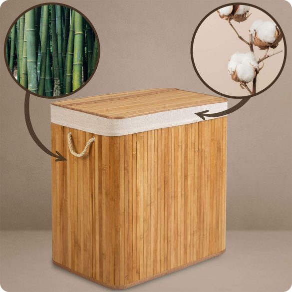 Szennyeskosár, Massido, natúr, 150 l, bambusz, 61 × 62 × 42 cm, kivehető pamut betét, fedeles, három rekesz, fogantyúkkal