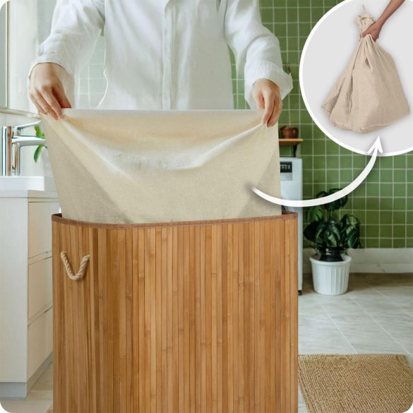 Szennyeskosár, Massido, natúr, 150 l, bambusz, 61 × 62 × 42 cm, kivehető pamut betét, fedeles, három rekesz, fogantyúkkal