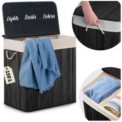   Szennyeskosár, Massido, fekete, 150 l, bambusz, 61 × 62 × 42 cm, kivehető pamut betét, fedeles, három rekesz, fogantyúkkal