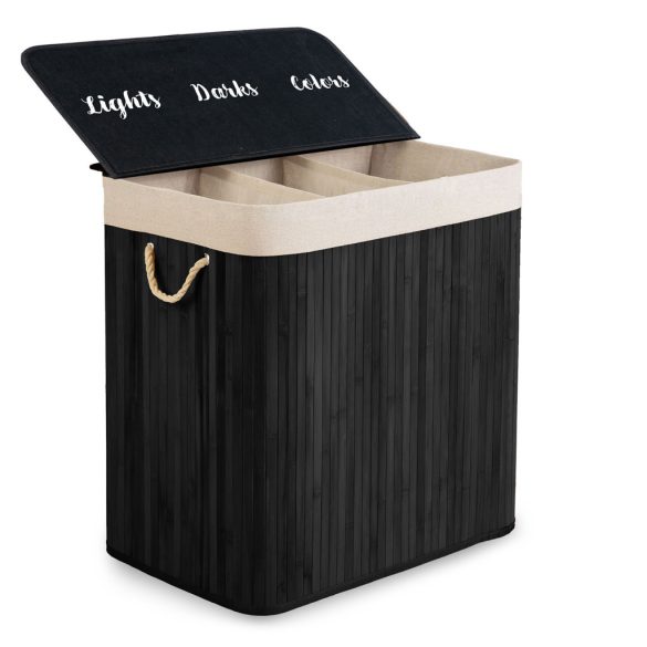 Szennyeskosár, Massido, fekete, 150 l, bambusz, 61 × 62 × 42 cm, kivehető pamut betét, fedeles, három rekesz, fogantyúkkal