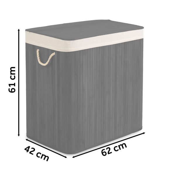 Szennyeskosár, Massido, fekete, 150 l, bambusz, 61 × 62 × 42 cm, kivehető pamut betét, fedeles, három rekesz, fogantyúkkal