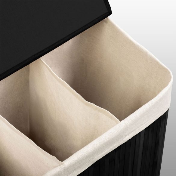 Szennyeskosár, Massido, fekete, 150 l, bambusz, 61 × 62 × 42 cm, kivehető pamut betét, fedeles, három rekesz, fogantyúkkal