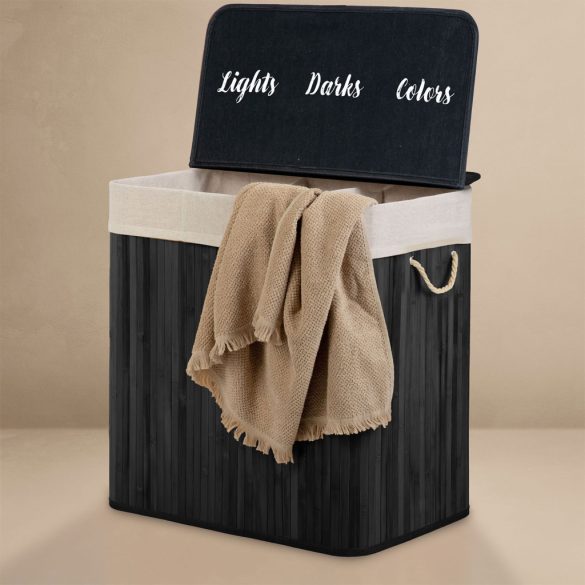 Szennyeskosár, Massido, fekete, 150 l, bambusz, 61 × 62 × 42 cm, kivehető pamut betét, fedeles, három rekesz, fogantyúkkal