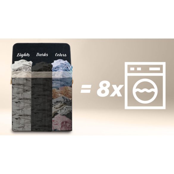 Szennyeskosár, Massido, fekete, 150 l, bambusz, 61 × 62 × 42 cm, kivehető pamut betét, fedeles, három rekesz, fogantyúkkal