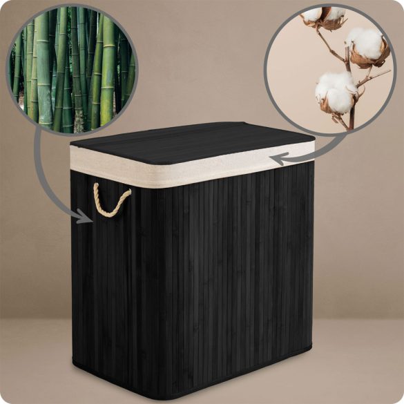 Szennyeskosár, Massido, fekete, 150 l, bambusz, 61 × 62 × 42 cm, kivehető pamut betét, fedeles, három rekesz, fogantyúkkal