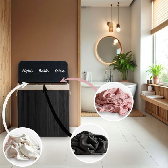 Szennyeskosár, Massido, fekete, 150 l, bambusz, 61 × 62 × 42 cm, kivehető pamut betét, fedeles, három rekesz, fogantyúkkal