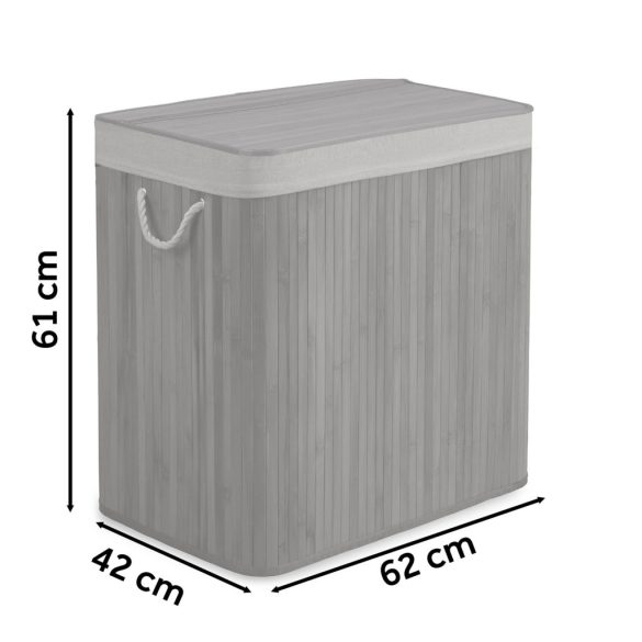 Szennyeskosár, Massido, szürke, 150 l, bambusz, 61 × 62 × 42 cm, kivehető pamut betét, fedeles, három rekesz, fogantyúkkal
