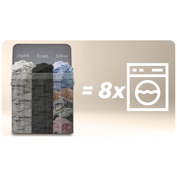 Szennyeskosár, Massido, szürke, 150 l, bambusz, 61 × 62 × 42 cm, kivehető pamut betét, fedeles, három rekesz, fogantyúkkal