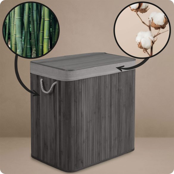 Szennyeskosár, Massido, szürke, 150 l, bambusz, 61 × 62 × 42 cm, kivehető pamut betét, fedeles, három rekesz, fogantyúkkal