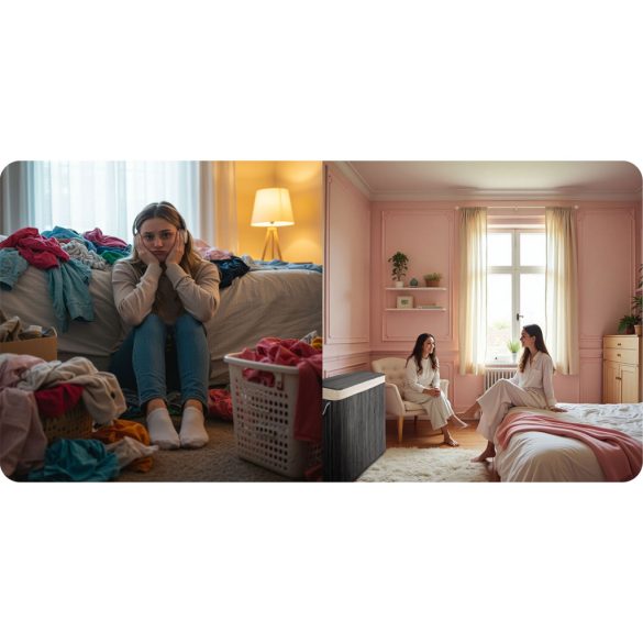 Szennyeskosár, Massido, szürke, 150 l, bambusz, 61 × 62 × 42 cm, kivehető pamut betét, fedeles, három rekesz, fogantyúkkal