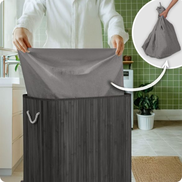 Szennyeskosár, Massido, szürke, 150 l, bambusz, 61 × 62 × 42 cm, kivehető pamut betét, fedeles, három rekesz, fogantyúkkal