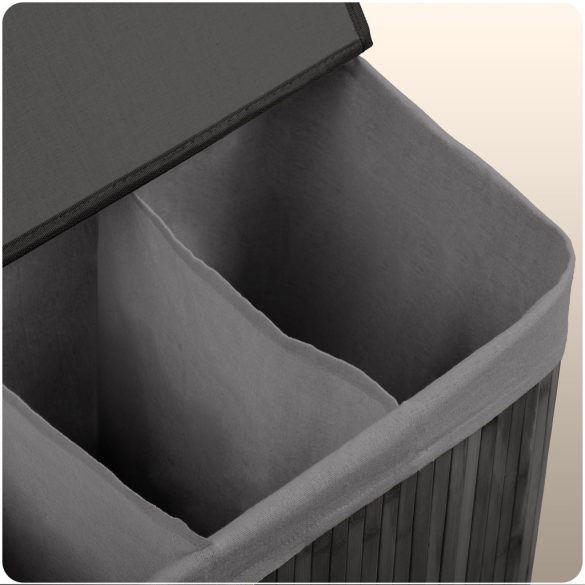 Szennyeskosár, Massido, szürke, 150 l, bambusz, 61 × 62 × 42 cm, kivehető pamut betét, fedeles, három rekesz, fogantyúkkal