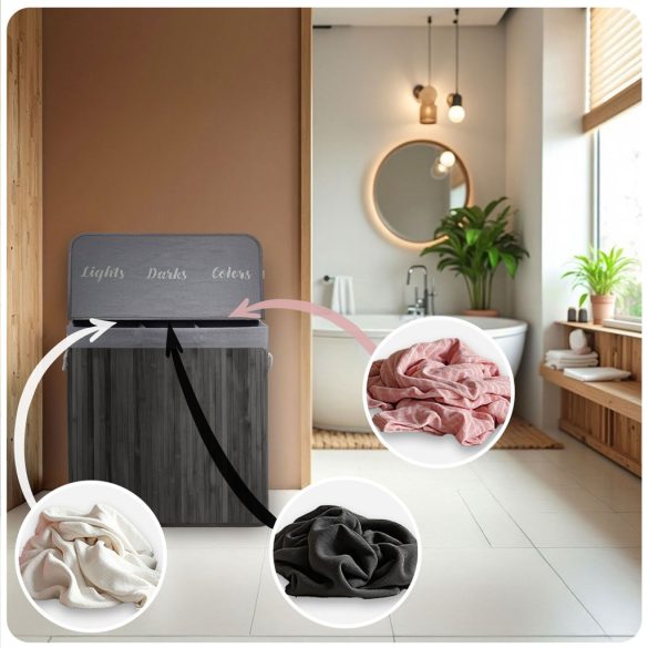 Szennyeskosár, Massido, szürke, 150 l, bambusz, 61 × 62 × 42 cm, kivehető pamut betét, fedeles, három rekesz, fogantyúkkal