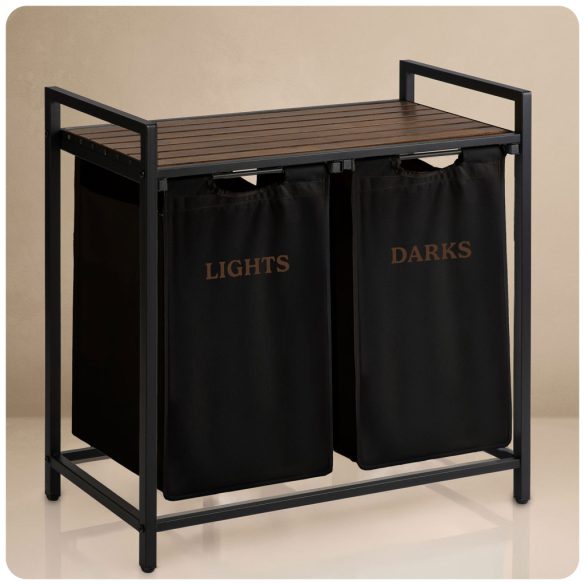 Szennyeskosár, Massido, fekete, 80 l, fa polccal, acél vázzal, 74 × 72 × 33 cm, kivehető pamut betét, két rekesz, fogantyúkkal, teherbírás: 20 kg