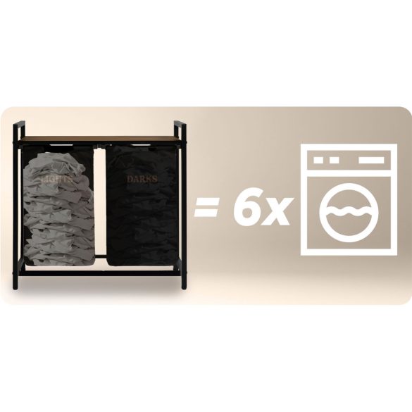 Szennyeskosár, Massido, fekete, 80 l, fa polccal, acél vázzal, 74 × 72 × 33 cm, kivehető pamut betét, két rekesz, fogantyúkkal, teherbírás: 20 kg