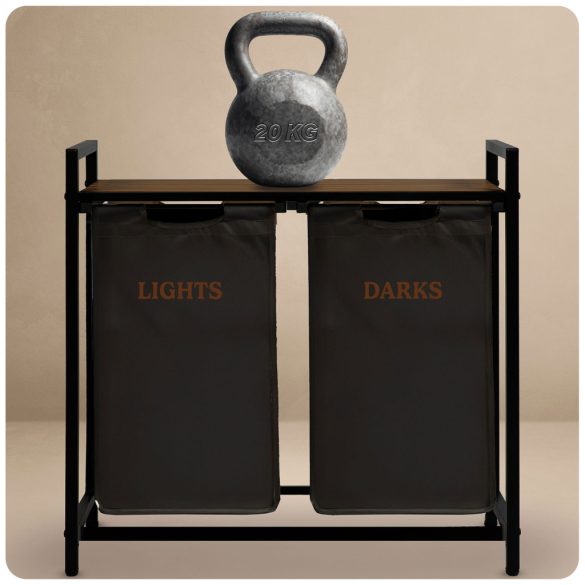 Szennyeskosár, Massido, fekete, 80 l, fa polccal, acél vázzal, 74 × 72 × 33 cm, kivehető pamut betét, két rekesz, fogantyúkkal, teherbírás: 20 kg