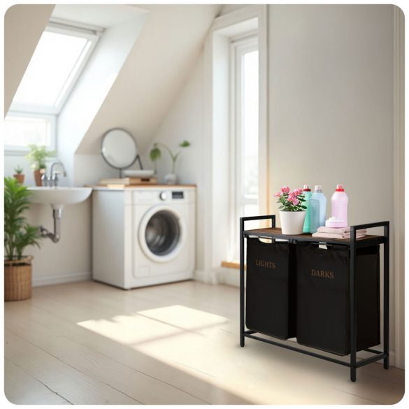 Szennyeskosár, Massido, fekete, 80 l, fa polccal, acél vázzal, 74 × 72 × 33 cm, kivehető pamut betét, két rekesz, fogantyúkkal, teherbírás: 20 kg