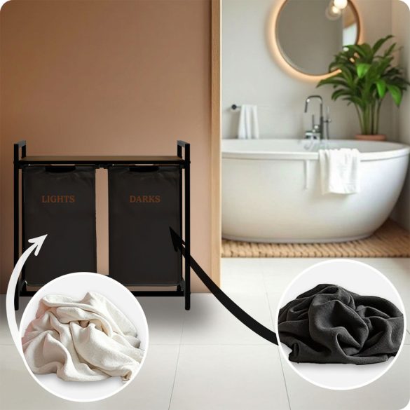 Szennyeskosár, Massido, fekete, 80 l, fa polccal, acél vázzal, 74 × 72 × 33 cm, kivehető pamut betét, két rekesz, fogantyúkkal, teherbírás: 20 kg