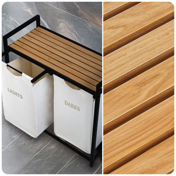 Szennyeskosár, Massido, fehér, 80 l, fa polccal, acél vázzal, 74 × 72 × 33 cm, kivehető pamut betét, két rekesz, fogantyúkkal, teherbírás: 20 kg