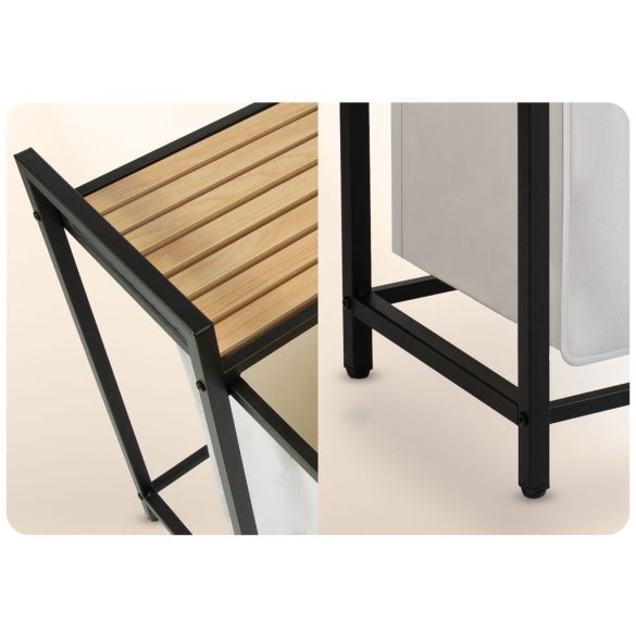 Szennyeskosár, Massido, fehér, 80 l, fa polccal, acél vázzal, 74 × 72 × 33 cm, kivehető pamut betét, két rekesz, fogantyúkkal, teherbírás: 20 kg