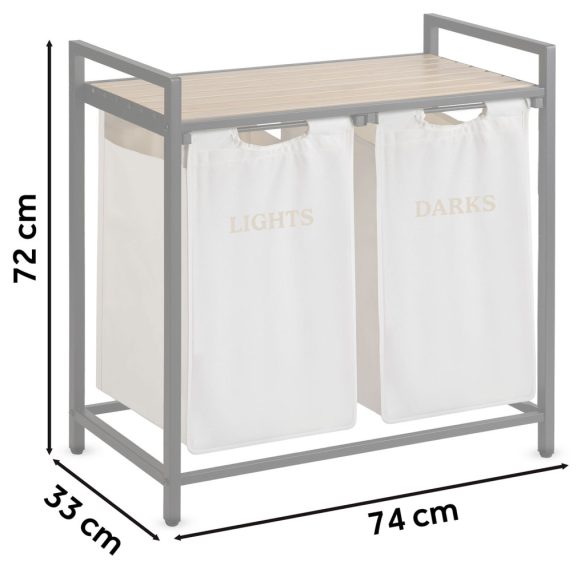 Szennyeskosár, Massido, fehér, 80 l, fa polccal, acél vázzal, 74 × 72 × 33 cm, kivehető pamut betét, két rekesz, fogantyúkkal, teherbírás: 20 kg