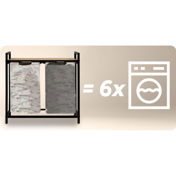 Szennyeskosár, Massido, fehér, 80 l, fa polccal, acél vázzal, 74 × 72 × 33 cm, kivehető pamut betét, két rekesz, fogantyúkkal, teherbírás: 20 kg