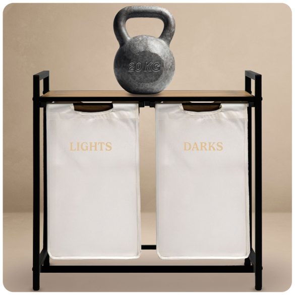 Szennyeskosár, Massido, fehér, 80 l, fa polccal, acél vázzal, 74 × 72 × 33 cm, kivehető pamut betét, két rekesz, fogantyúkkal, teherbírás: 20 kg