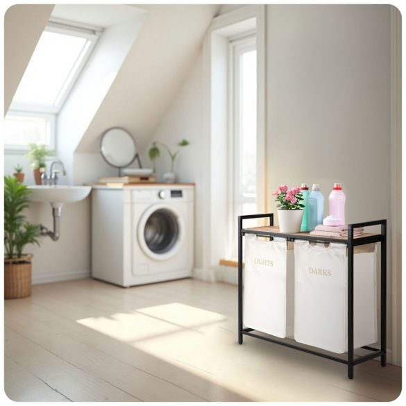 Szennyeskosár, Massido, fehér, 80 l, fa polccal, acél vázzal, 74 × 72 × 33 cm, kivehető pamut betét, két rekesz, fogantyúkkal, teherbírás: 20 kg