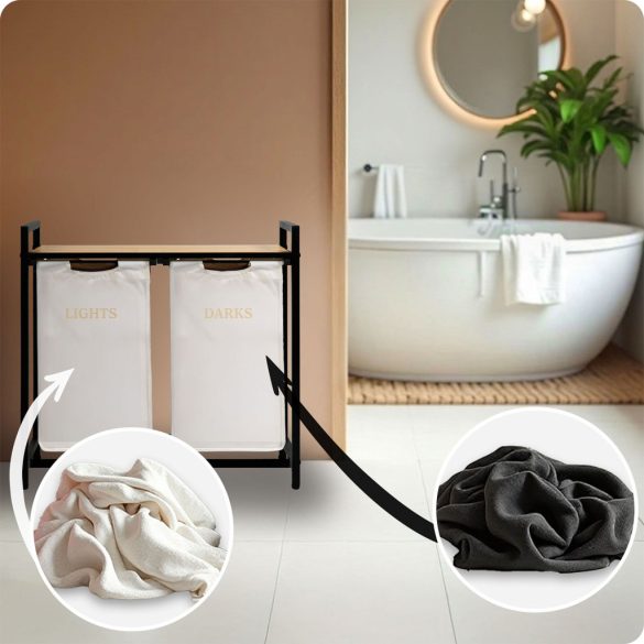 Szennyeskosár, Massido, fehér, 80 l, fa polccal, acél vázzal, 74 × 72 × 33 cm, kivehető pamut betét, két rekesz, fogantyúkkal, teherbírás: 20 kg