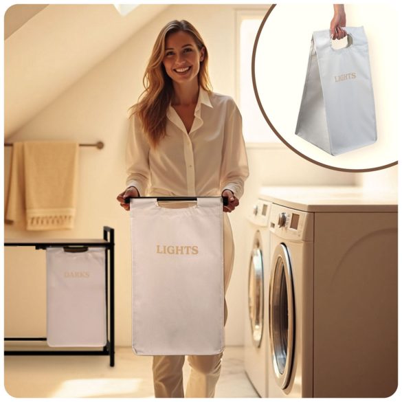 Szennyeskosár, Massido, fehér, 80 l, fa polccal, acél vázzal, 74 × 72 × 33 cm, kivehető pamut betét, két rekesz, fogantyúkkal, teherbírás: 20 kg