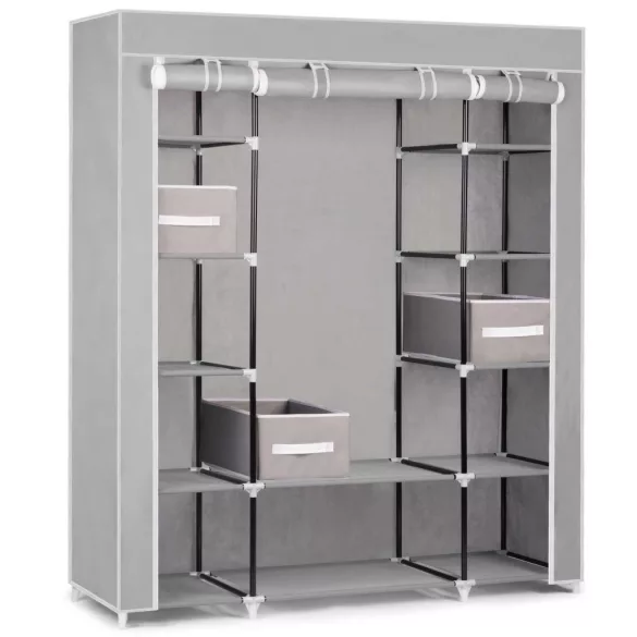 Mobil ruhásszekrény, Massido, szürke, 135 x 45 x 170 cm, acél keret, műanyag csatlakozók, 12 polc, cipzározható huzat, 3 fiók (TE680011)