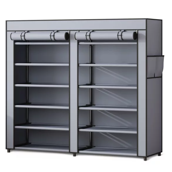 Mobil cipőtároló szekrény, Massido, 10 polcos, 120 x 30 x 110 cm, sötétszürke, cipzáras védőhuzattal, acél vázzal (TE680500)